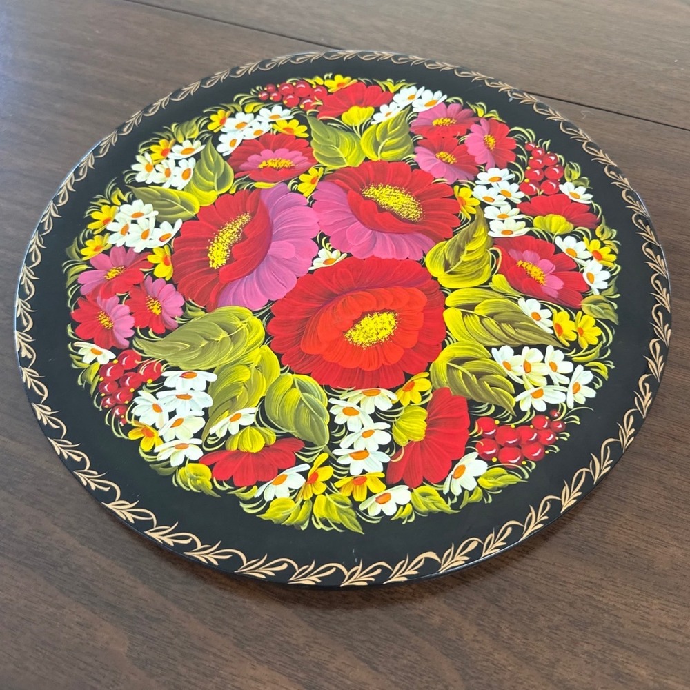 Sapphir Ukrainian Petrykivka Hand Painted Lacquer Plate Poppies Floral 11.75in